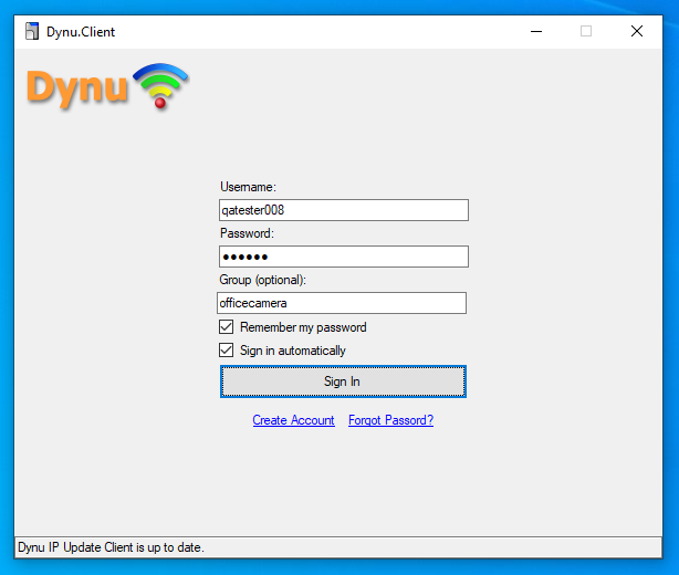 Dynu IP Update Client Log in Window