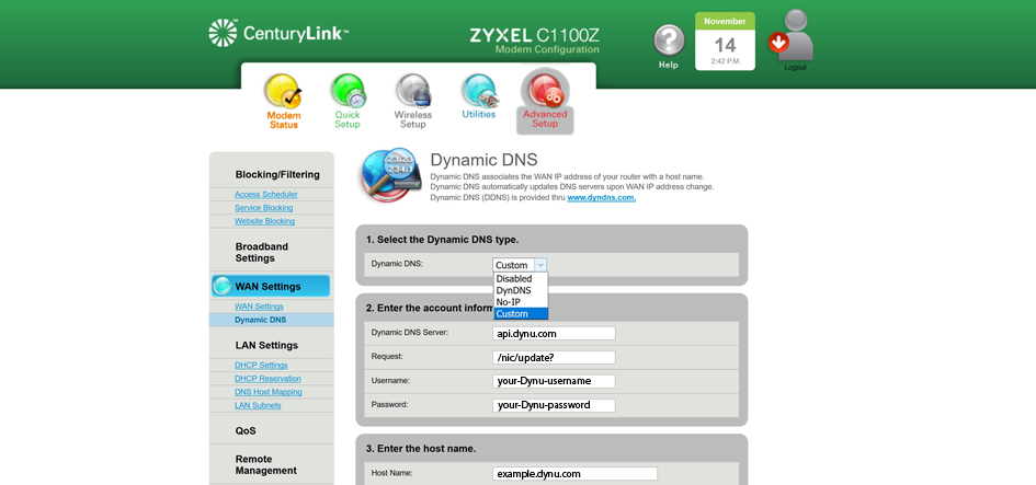 Zyxel C1100Z Dynu Dynamic DNS
