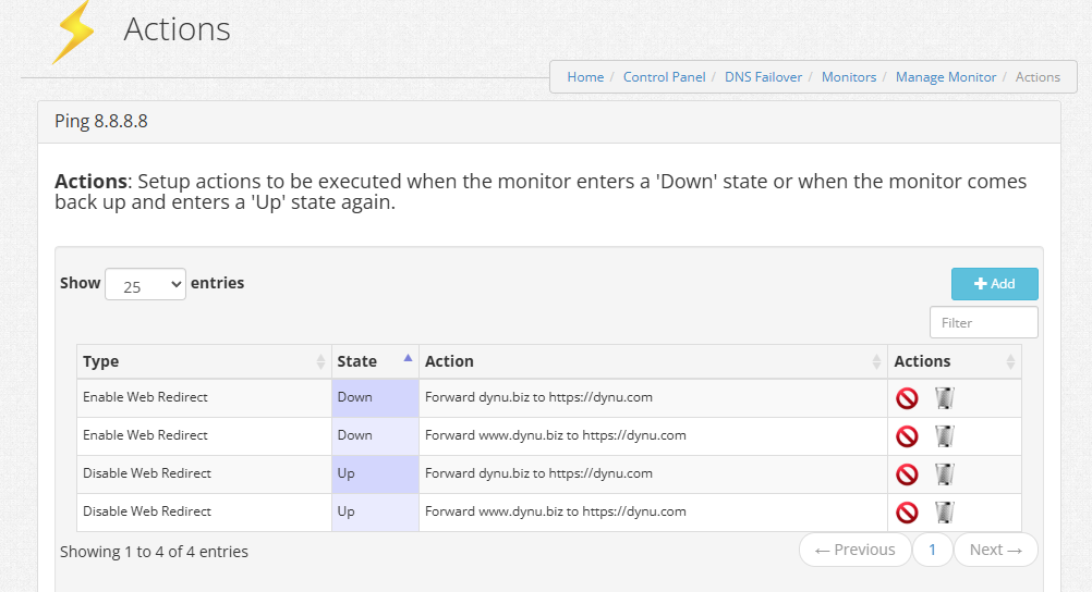 Actions List - Web Redirect Failover - Dynu DNS Failover