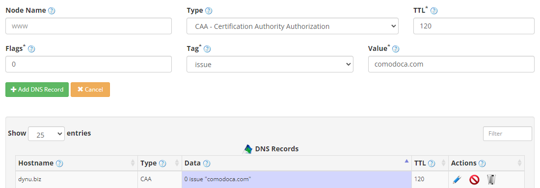CAA Record Dynu Dynamic DNS