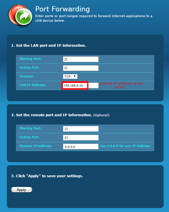 Port Forwarding for FTP port 21