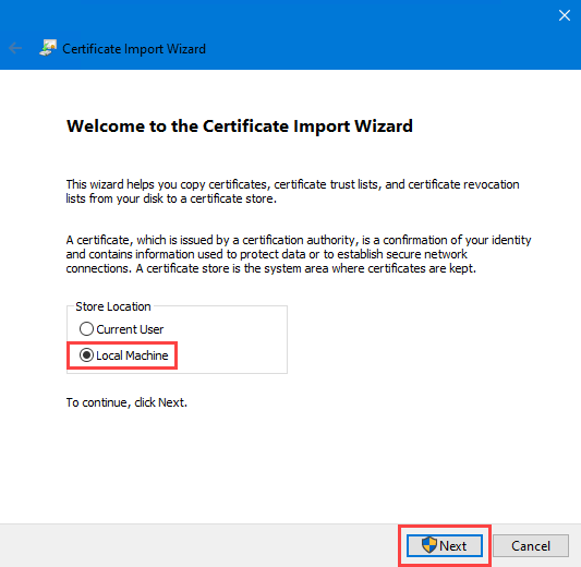 Certificate import wizard